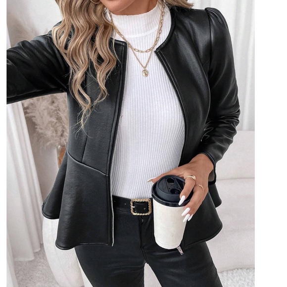 Classic Vegan Leather Zip up Puff Sleeve Flared Hem Jacket - Picture 5 of 10